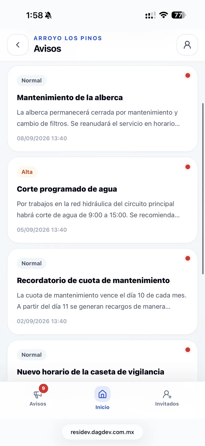 Avisos del fraccionamiento